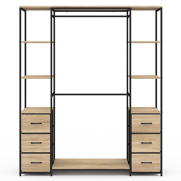 ID MARKET - Dressing double penderie + double colonne L. 140 cm UTAH avec 6 étagères et 6 bacs en tissu bois et noir - large