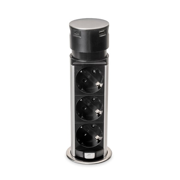 EMUCA - Multiconnecteur Vertikal Push 60, diamètre 60 mm, 3 prises de type Schuko, 1 USB de type A, 1 USB de type C, Acier et plastique, Acier inoxydable - large