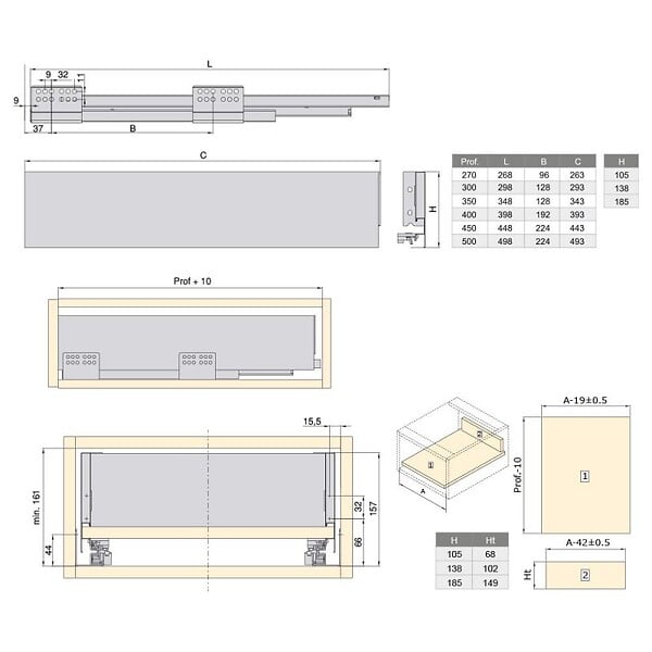 EMUCA - Kit de tiroir pour cuisine et sdb Concept - H. 105mm - P. 500mm - Fermeture amortie - Acier - Anthracite - large