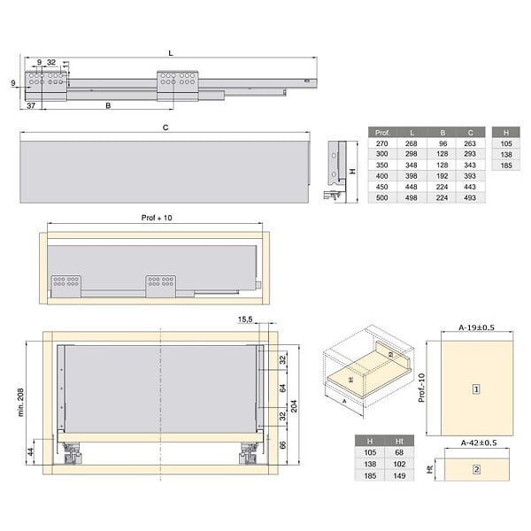 EMUCA - Kit de tiroir pour cuisine et sdb Concept - H. 185mm - P. 400mm - Fermeture amortie - Acier - Anthracite - large