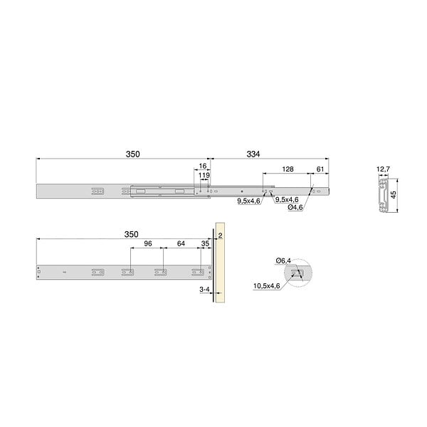 EMUCA - Lot de 5 jeux de coulisses pour tiroirs, roulement à billes, hauteur 45mm, profondeur 350mm, à sortie totale, avec push, fermeture amortie, zingué - large