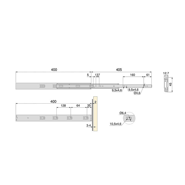 EMUCA - Lot de 5 jeux de coulisses pour tiroirs, roulement à billes, hauteur 45mm, profondeur 400mm, à sortie totale, avec push, fermeture amortie, zingué - large
