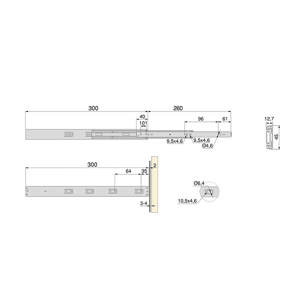 EMUCA - Lot de 5 jeux de coulisses pour tiroirs, roulement à billes, hauteur 45mm, profondeur 300mm, à sortie totale, avec push, fermeture amortie, zingué - large
