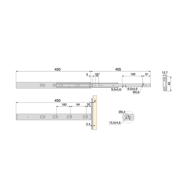 EMUCA - Lot de 5 jeux de coulisses pour tiroirs, roulement à billes, hauteur 45mm, profondeur 450mm, à sortie totale, avec push, fermeture amortie, zingué - large
