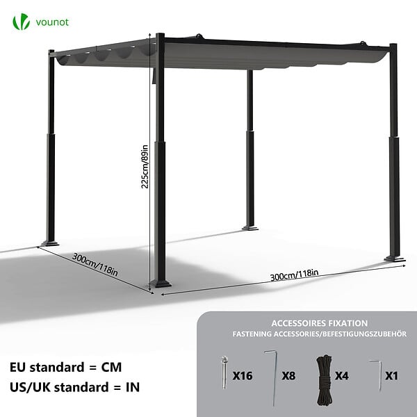 VOUNOT - Pergola retractable 3x3m en metal et toile Polyester haute densite 180g/m2 gris - large