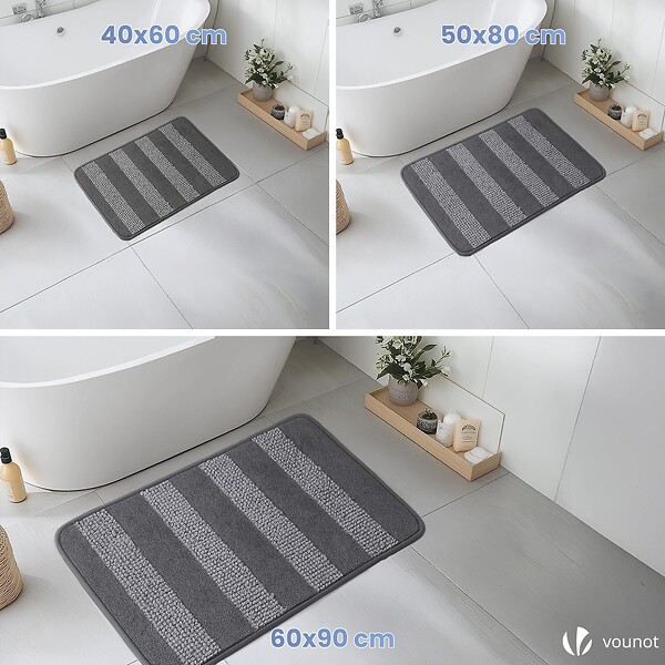 VOUNOT - Lot de 2 Tapis de Bain Antidérapant chenille microfibre 40x60cm gris - large