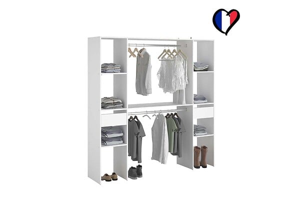 CONCEPT USINE - Dressing blanc 6 étagères, 2 tiroirs, 2 penderies 180 x 40 x 180 cm ELYSEE - large