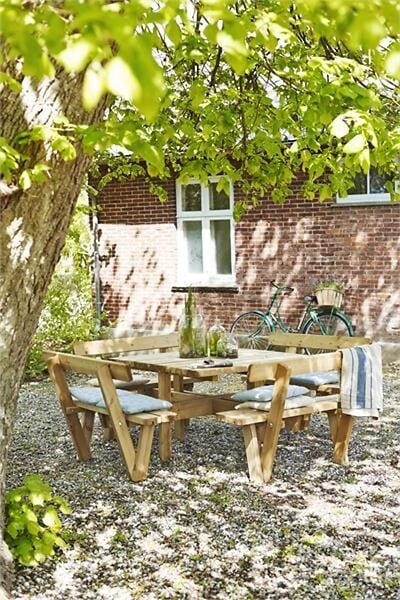 PLUS A/S - Table pique nique bois carrée avec bancs et dossiers 8pers pin naturel - large