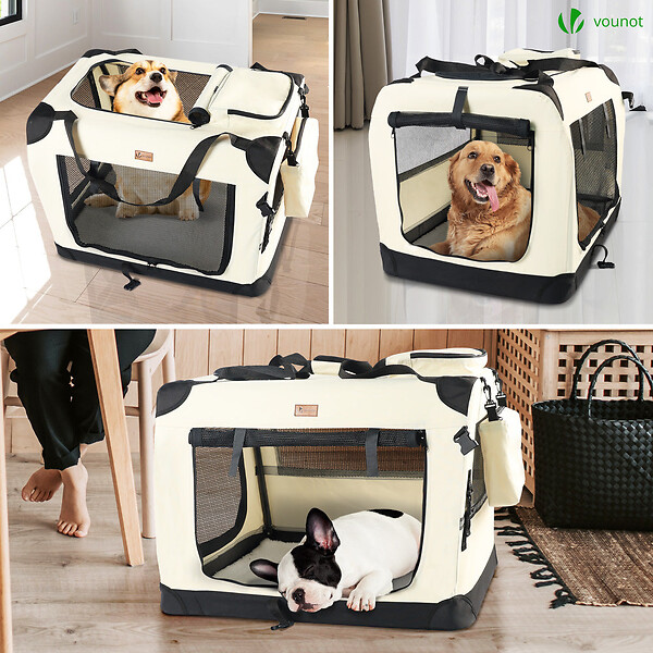 VOUNOT - Sac transport pliable chien chat caisse cage portable 82x60x60cm beige - large