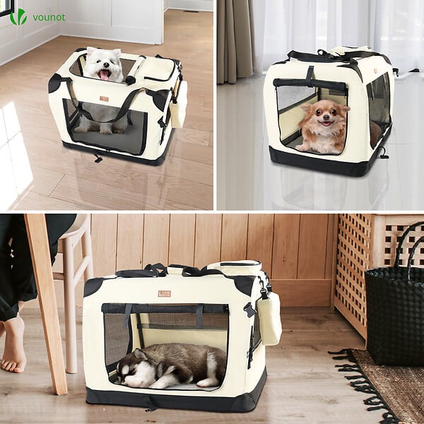 VOUNOT - Sac transport pliable chien chat caisse cage portable 60x44x44cm beige - large