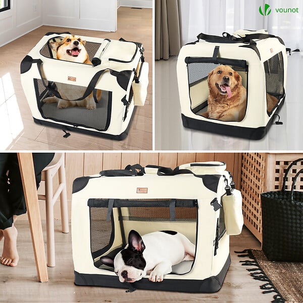 VOUNOT - Sac transport pliable chien chat caisse cage portable 70x52x52cm beige - large