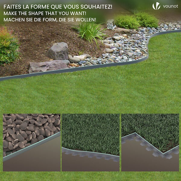VOUNOT - Bordure de jardin plastique flexible 20m avec piquets gris bordé de vert clair - large