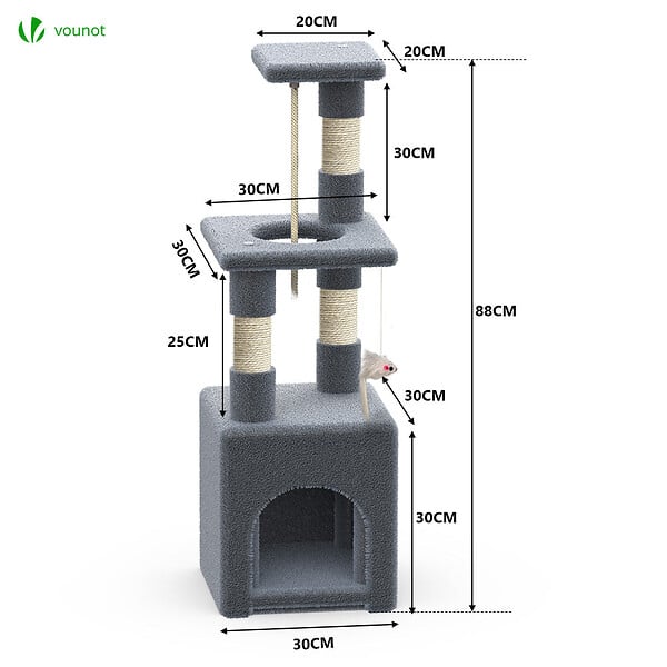 VOUNOT - Arbre à Chat 88cm avec Corde Griffoir Plateforme Niche Gris - large