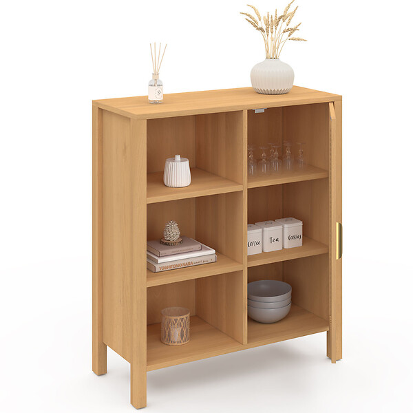 ID MARKET - Buffet d'appoint 3 étagères et placard 70 cm EDHEN bois et cannage - large