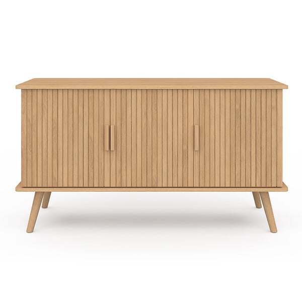 ID MARKET - Buffet 110 cm JULIETTE 3 portes lattes tasseau bois coloris chêne - large