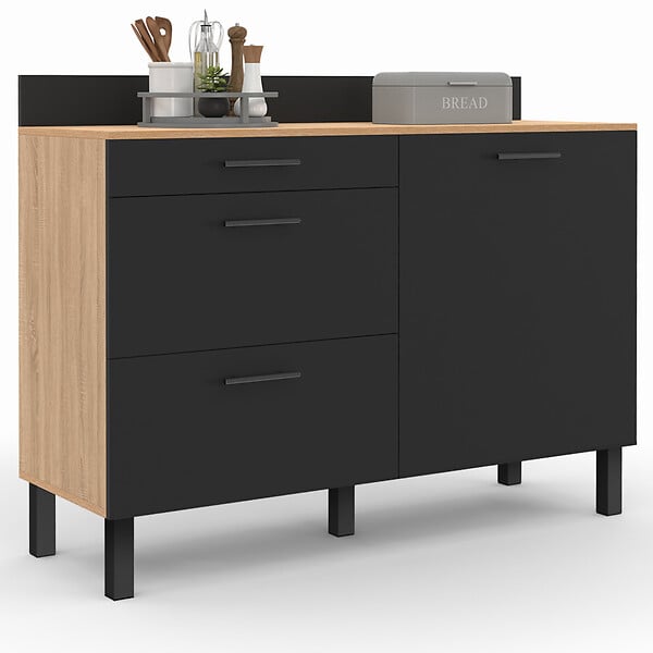 ID MARKET - Buffet bas casserolier de cuisine 120 cm CINA plan de travail H.83 cm 1 porte + 3 tiroirs façon hêtre et noir - large