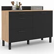 ID MARKET - Buffet bas casserolier de cuisine 120 cm CINA plan de travail H.83 cm 1 porte + 3 tiroirs façon hêtre et noir - vignette