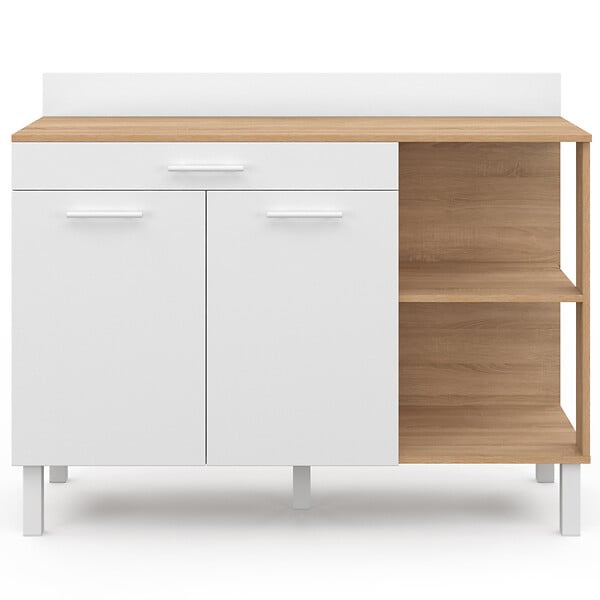 ID MARKET - Buffet bas de cuisine 120 cm CINA plan de travail H.83 cm 2 portes + tiroir façon hêtre et blanc - large