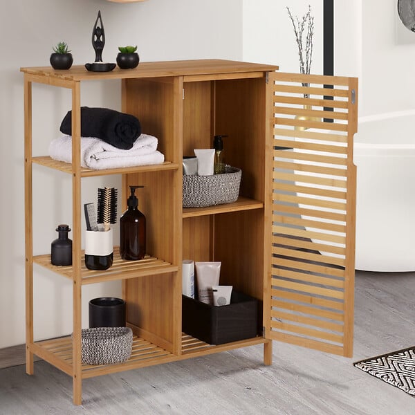 ID MARKET - Meuble de rangement salle de bain bambou BEA 3 étagères avec placard - large