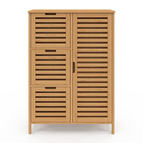 ID MARKET - Meuble de rangement salle de bain bambou BEA 3 tiroirs avec placard - large
