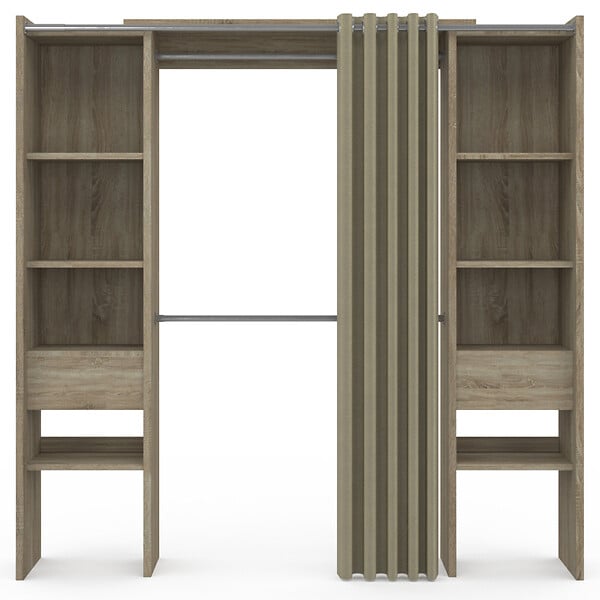 ID MARKET - Dressing extensible double MERYL 120/180 x 50 x 180 cm hêtre avec étagères + double penderie + rideau taupe - large