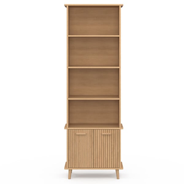 ID MARKET - Etagère bibliothèque 4 niveaux avec placard JULIETTE lattes tasseau bois coloris chêne - large