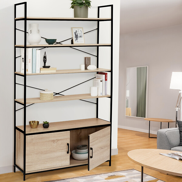 ID MARKET - Etagère XL 5 niveaux avec placard DETROIT design industriel 170 CM - large