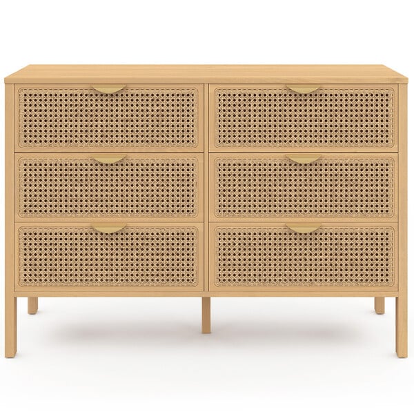 ID MARKET - Commode 6 tiroirs EDHEN 115 cm bois et cannage - large