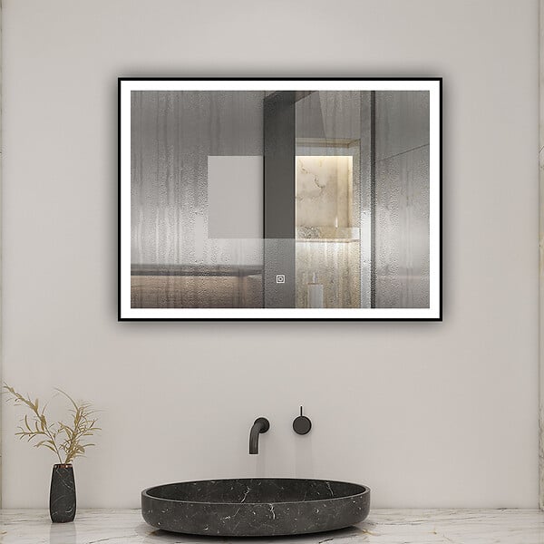 AICA SANITAIRE - AICA Miroir de salle de bain LED 70x50cm avec cadre noir à angle droit, 3 couleurs + anti-buée + mémoire + gradation infinie - large