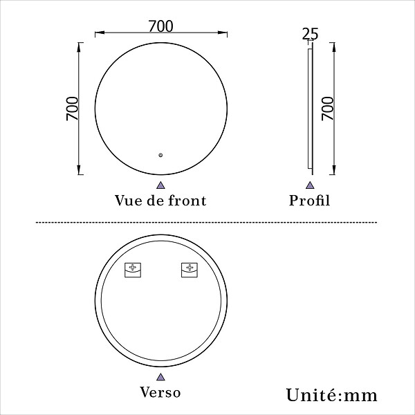 AICA SANITAIRE - AICA Miroir de salle de bain LED rond de 70 cm avec rétro-éclairage sans cadre, tricolore + anti-buée + mémoire + gradation infinie - large