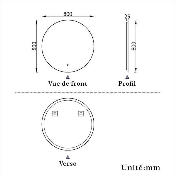 AICA SANITAIRE - AICA Miroir de salle de bain LED rond de 80 cm avec rétro-éclairage sans cadre, tricolore + anti-buée + mémoire + gradation infinie - large