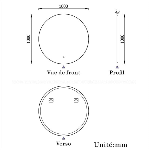 AICA SANITAIRE - AICA 100 cm miroir de salle de bain LED rond avec rétro-éclairage sans cadre, anti-buée + mémoire + dimmable - large