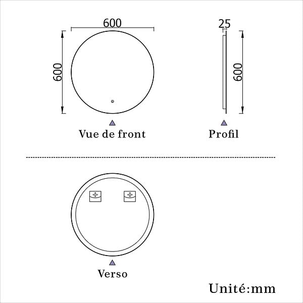 AICA SANITAIRE - AICA Miroir de salle de bain LED rond de 60 cm avec rétro-éclairage sans cadre, tricolore + anti-buée + mémoire + gradation infinie - large
