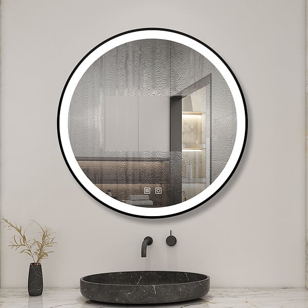 AICA SANITAIRE - AICA 70 cm miroir de salle de bain LED rond avec cadre noir, tricolore + anti-buée + mémoire + gradation infinie - large