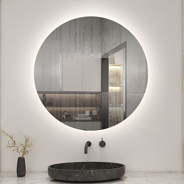 AICA SANITAIRE - AICA Miroir de salle de bain LED rond de 90 cm avec rétro-éclairage sans cadre, tricolore + anti-buée + mémoire + gradation infinie - large
