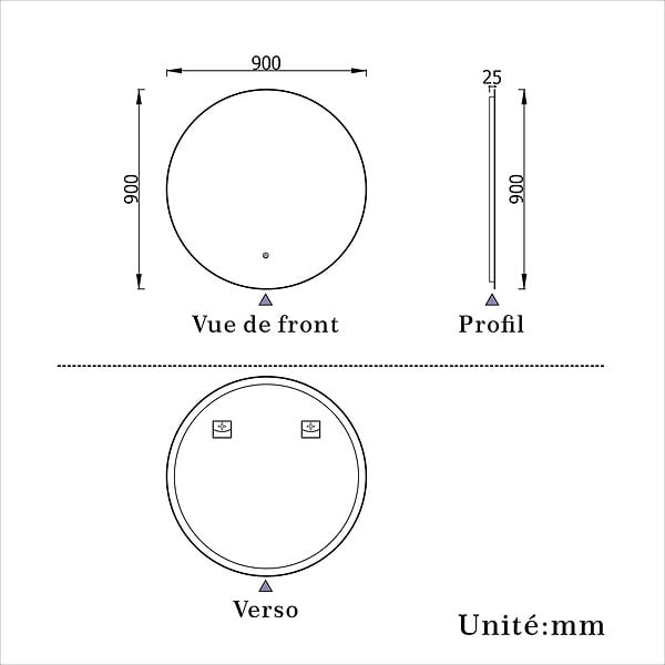 AICA SANITAIRE - AICA Miroir de salle de bain LED rond de 90 cm avec rétro-éclairage sans cadre, tricolore + anti-buée + mémoire + gradation infinie - large