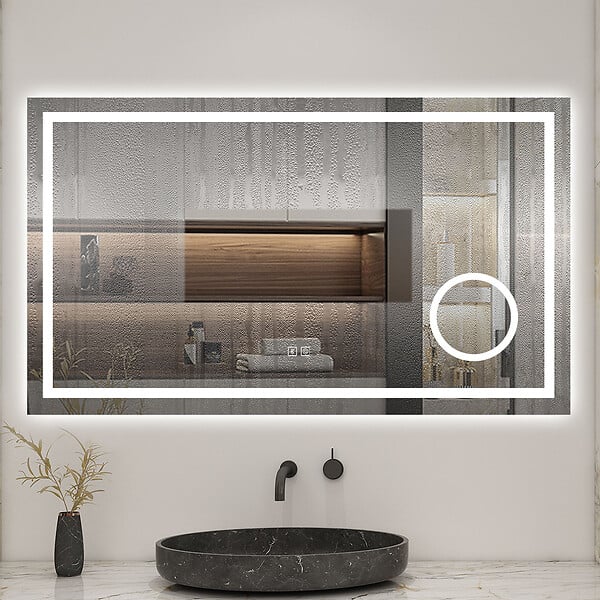 AICA SANITAIRE - Miroir de salle de bain 80x60cm tactile + Bluetooth + 3x loupe + 3 couleurs + gradation infinie + anti-buée - large