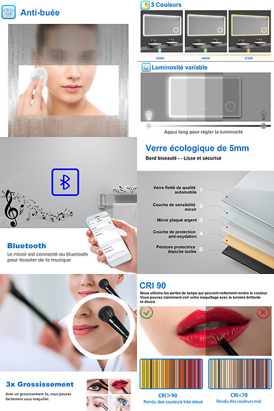 AICA SANITAIRE - Miroir lumineux loupe + bluetooth + tricolore + anti-buée 140x80cm salle de bain dimmable,mémoire,tactile,led - large