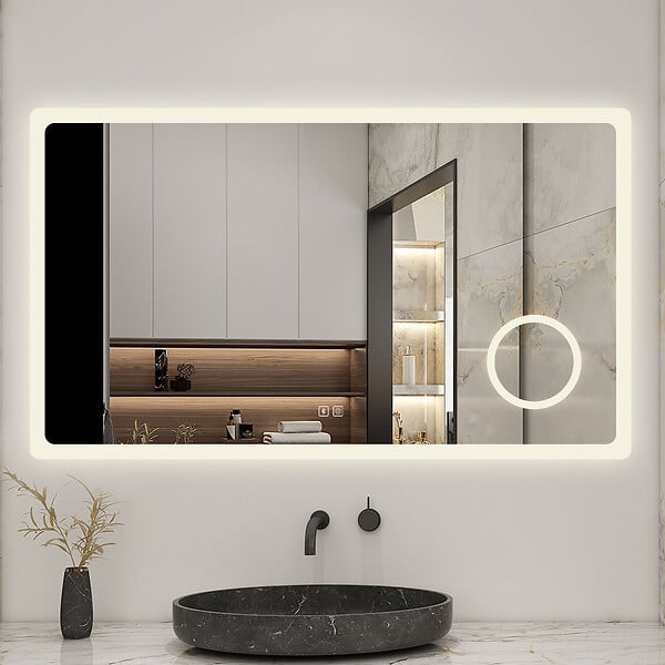 AICA SANITAIRE - Miroir lumineux loupe + bluetooth + tricolore + anti-buée 140x80cm salle de bain dimmable,mémoire,tactile,led - large