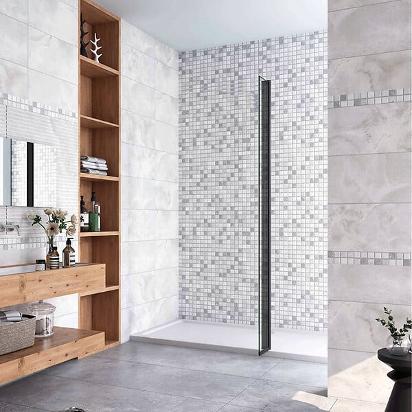 AICA SANITAIRE - Volet pivotant seul 40x200cm pour paroi de douche italienne noire en verre 8mm, retour pivotant à 180°, verre anticalcaire - large