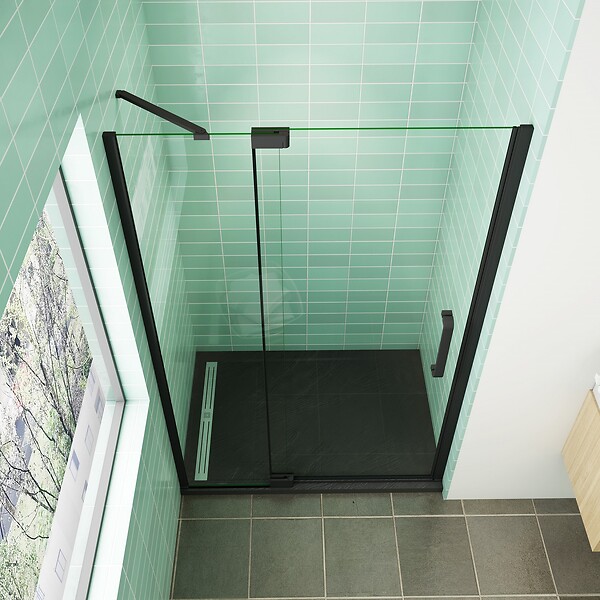 AICA SANITAIRE - AICA  porte de douche pivotante 90x195cm profilé noir 8mm verre anticalcaire installation en niche - large