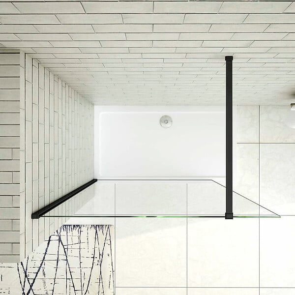 AICA SANITAIRE - Paroi de douche 150x200cm avec barre de fixation 90cm recoupable, profilé noir mat, AICA paroi de douche à l'italienne en 8mm verre securit anticalcaire - large
