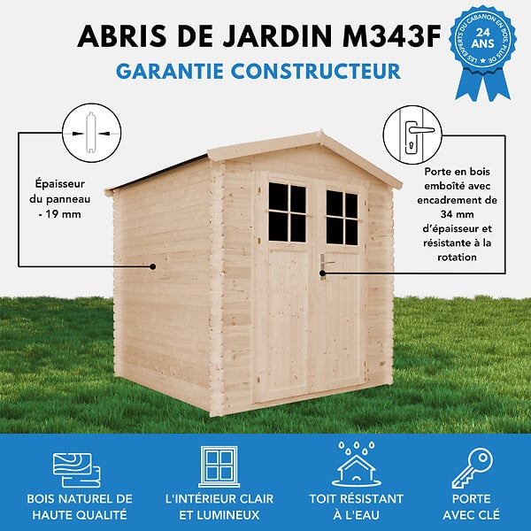 TIMBELA - Abri de jardin en bois AVEC SOL TRAITÉ - I216xL206xH218 cm/3.53 m2 - porte verrouillable de haute qualité - M343F+M343G - large