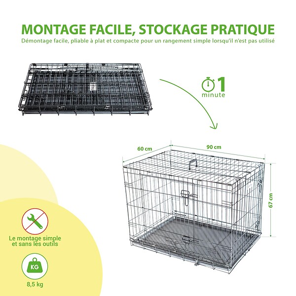PAITSY - Cage pour chien FortressooL, caisse de transport pour chien moyen 90x60x67cm, pliable, 2 portes, plateau amovible, utilisation interieur, Paitsy - large