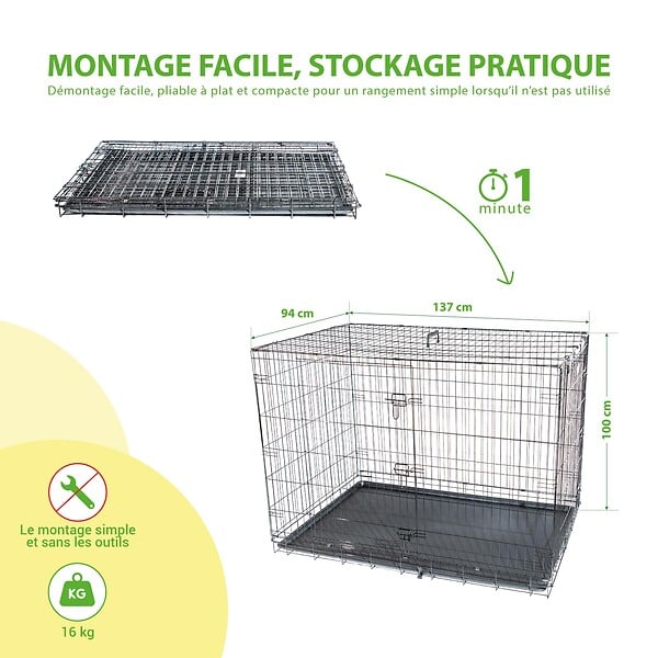 PAITSY - Cage pour chien Fortressoo3XL, caisse de transport pour grand chien 137x94x114cm, pliable, 2 portes, plateau amovible, utilisation interieur, Paitsy - large