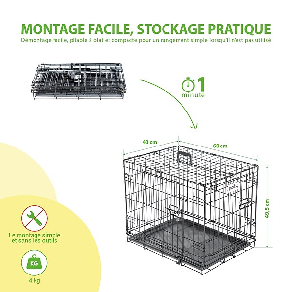 PAITSY - Cage pour chien FortressooS, caisse de transport pour chien et chiot 60x43x49cm, pliable, 2 portes, plateau amovible, utilisation interieur, Paitsy - large