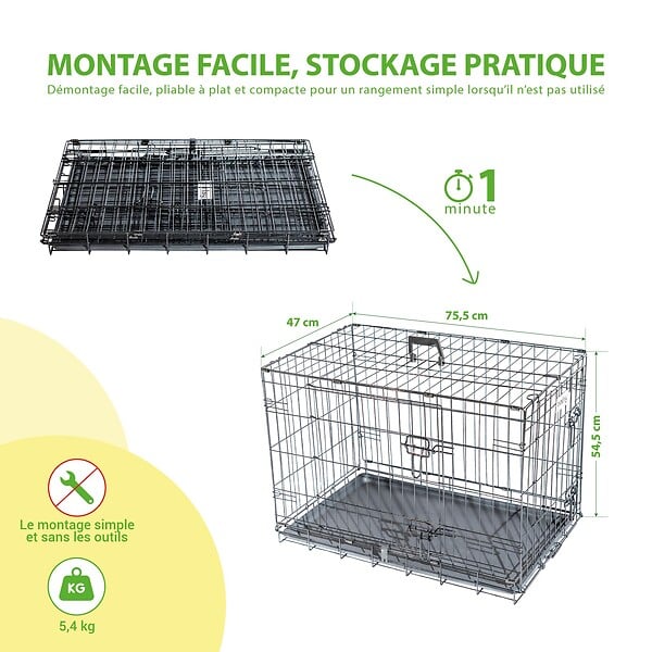 PAITSY - Cage pour chien FortressooM, caisse de transport pour chien et chiot 75x47x54cm, pliable, 2 portes, plateau amovible, utilisation interieur, Paitsy - large