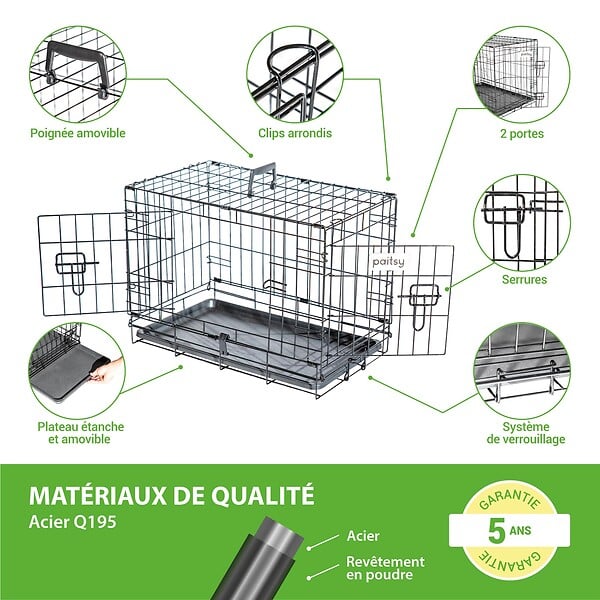 PAITSY - Cage pour chien FortressooXS, caisse de transport pour chien et chiot 56x33x41cm, pliable, 2 portes, plateau amovible, utilisation interieur, Paitsy - large