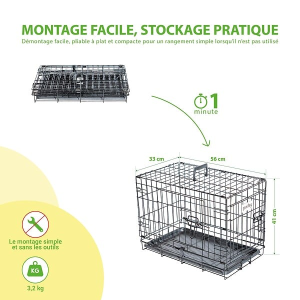 PAITSY - Cage pour chien FortressooXS, caisse de transport pour chien et chiot 56x33x41cm, pliable, 2 portes, plateau amovible, utilisation interieur, Paitsy - large