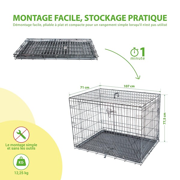 PAITSY - Cage pour chien FortressooXL, caisse de transport pour chien moyen 107x71x77cm, pliable, 2 portes, plateau amovible, utilisation interieur, Paitsy - large